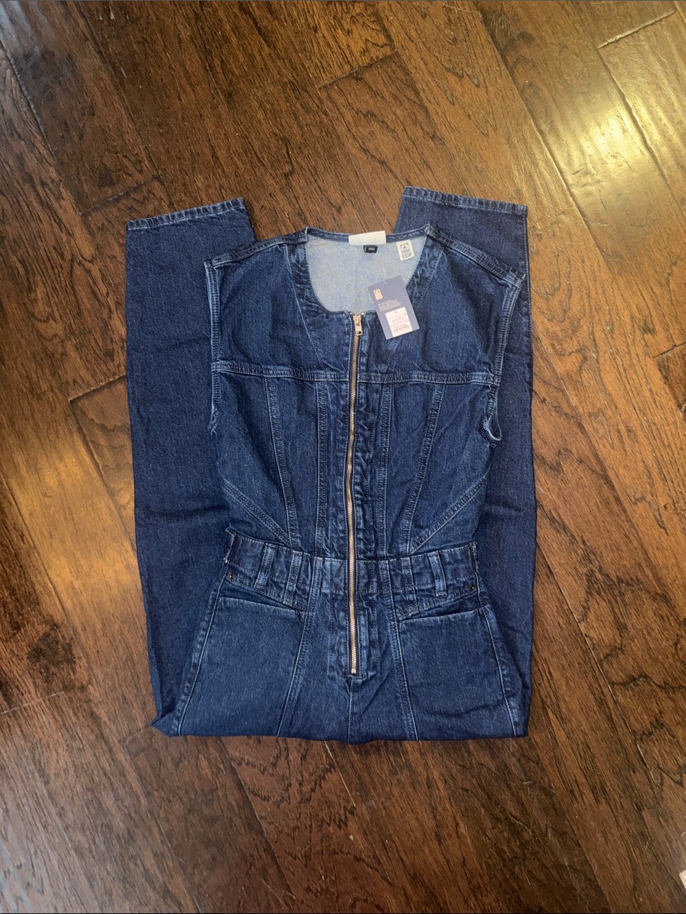 Universal Thread Blue Denim‎ Sleeveless Zip Jumpsuit Pockets Adjustable Waist 4 - Picture 10 of 12